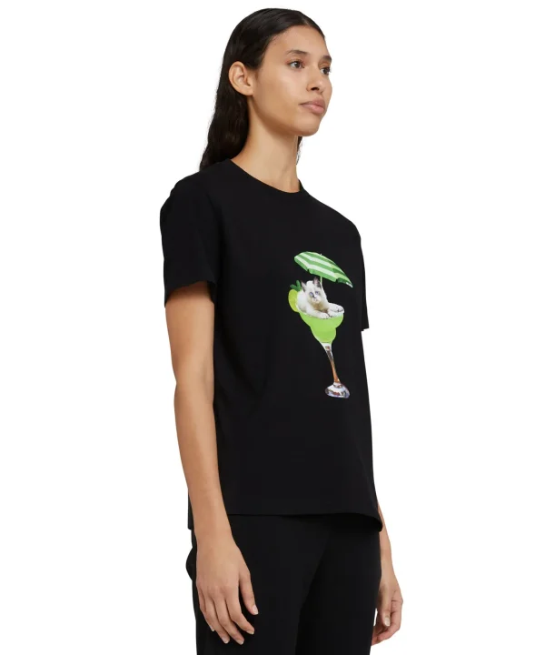 MSGM T-Shirt Girocollo In Cotone Con Grafica "Cocktail Cat" Black Sale