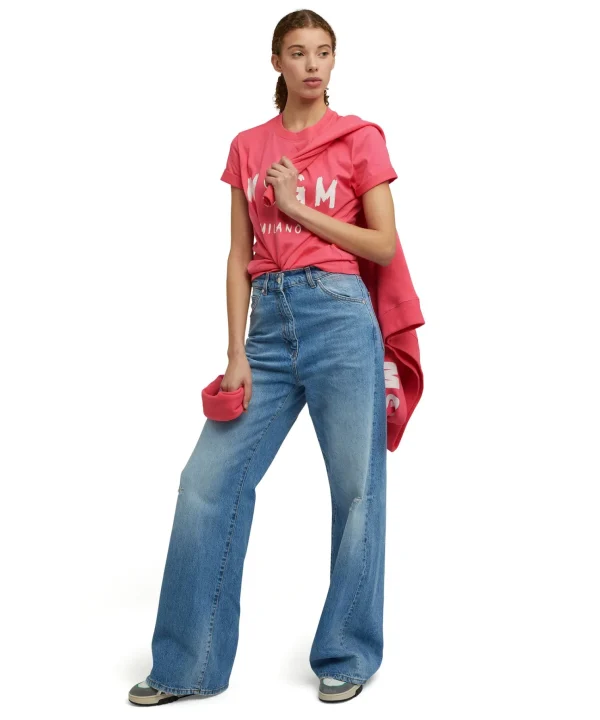 MSGM T-Shirt Girocollo In Cotone Con Logo Pennellato Fucsia Discount