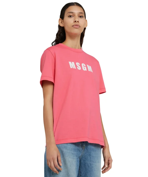 MSGM T-Shirt Girocollo In Cotone Con Logo Fucsia Clearance