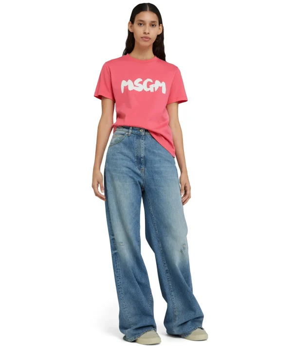 MSGM T-Shirt Girocollo In Cotone Con Nuovo Logo Pennellato Fucsia Outlet