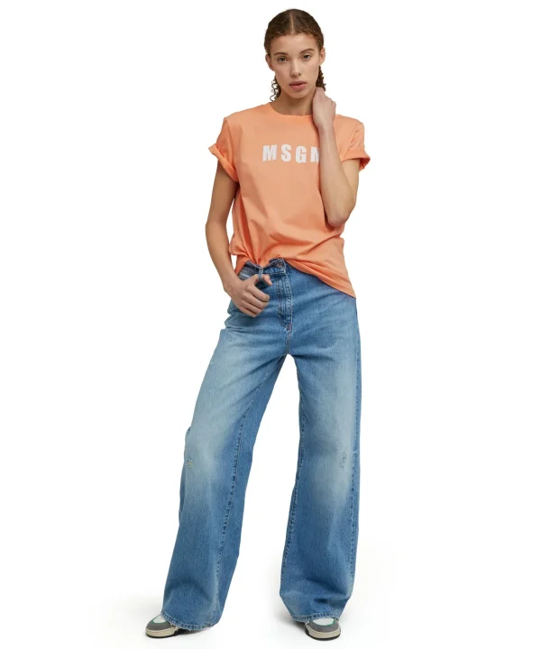 MSGM T-Shirt Girocollo In Cotone Con Logo Orange Shop