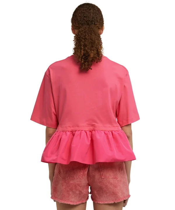 MSGM T-Shirt Girocollo In Cotone Con Balza In Taffeta Fucsia Best Sale