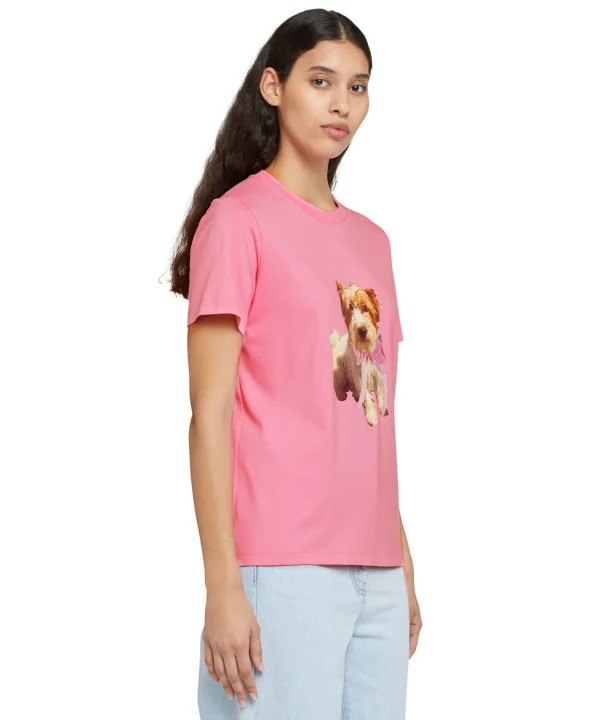 MSGM T-Shirt Girocollo In Cotone Con Stampa Dark Pink Clearance