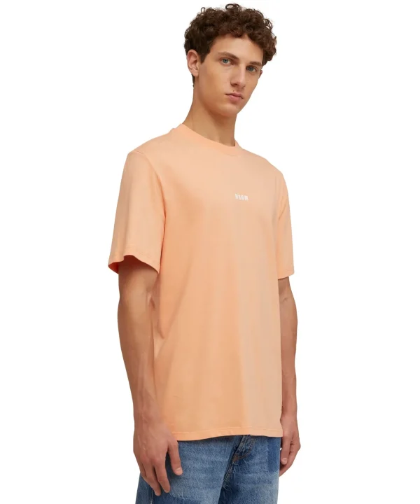 MSGM T-Shirt Girocollo In Cotone Tinta Unita Con Micro Logo Orange New