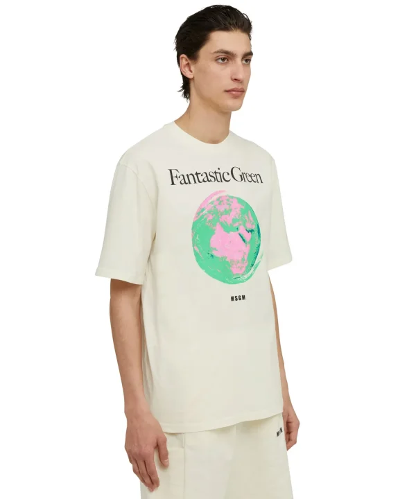 MSGM T-Shirt Girocollo In Cotone Organico Della Capsule Fantastic Green Cream Sale