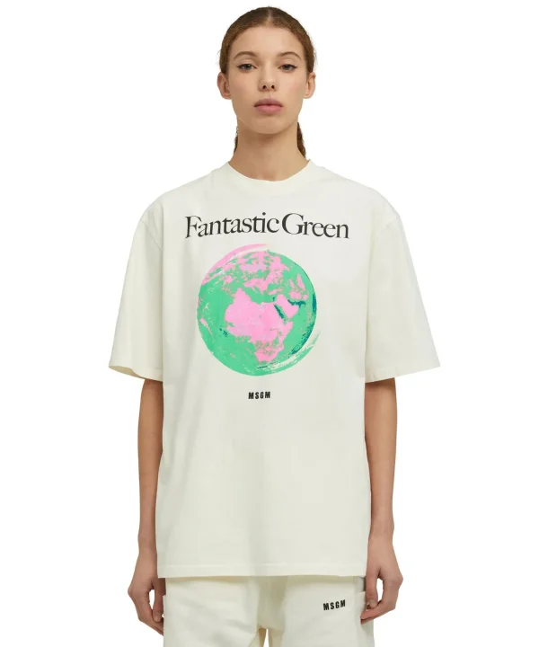 MSGM T-Shirt Girocollo In Cotone Organico Della Capsule Fantastic Green Cream Sale