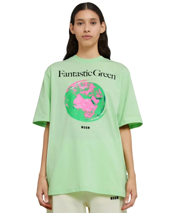 MSGM T-Shirt Girocollo In Cotone Organico Della Capsule Fantastic Green Light Green Clearance