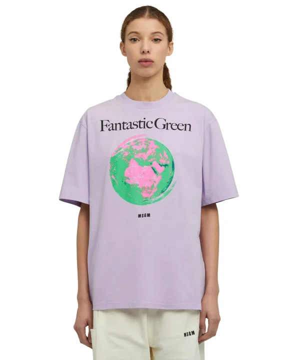 MSGM T-Shirt Girocollo In Cotone Organico Della Capsule Fantastic Green Lillac Hot