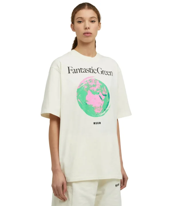 MSGM T-Shirt Girocollo In Cotone Organico Della Capsule Fantastic Green Cream Sale