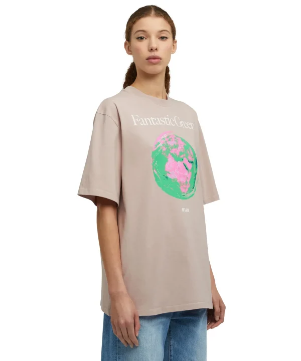 MSGM T-Shirt Girocollo In Cotone Organico Della Capsule Fantastic Green Beige Clearance