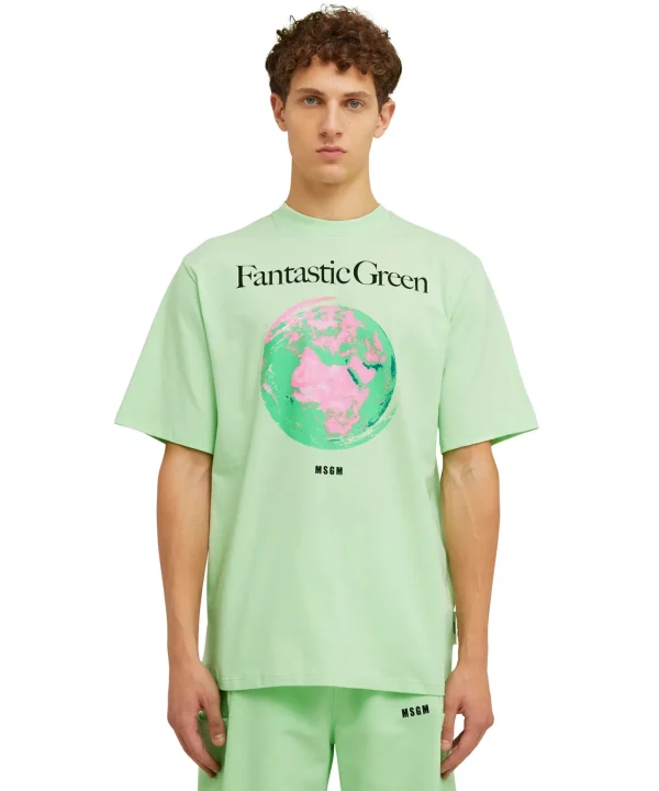 MSGM T-Shirt Girocollo In Cotone Organico Della Capsule Fantastic Green Light Green Clearance