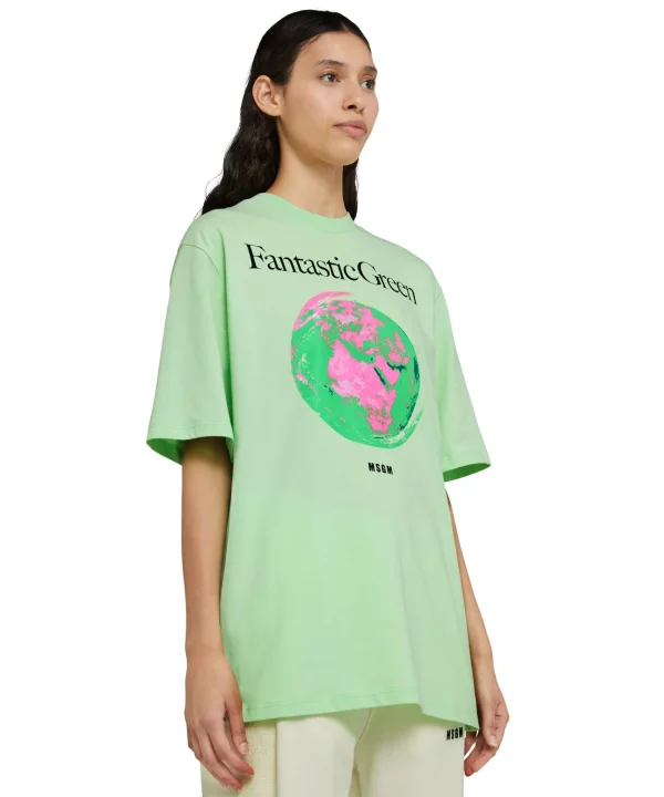 MSGM T-Shirt Girocollo In Cotone Organico Della Capsule Fantastic Green Light Green Clearance