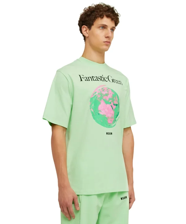 MSGM T-Shirt Girocollo In Cotone Organico Della Capsule Fantastic Green Light Green Clearance