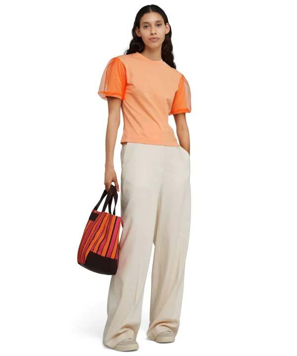 MSGM T-Shirt Girocollo In Tinta Unita In Cotone Con Maniche In Tulle Orange Outlet