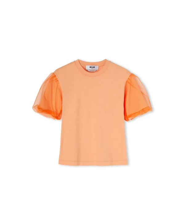 MSGM T-Shirt Girocollo In Tinta Unita In Cotone Con Maniche In Tulle Orange Outlet