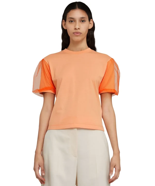 MSGM T-Shirt Girocollo In Tinta Unita In Cotone Con Maniche In Tulle Orange Outlet