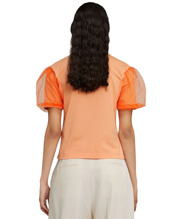 MSGM T-Shirt Girocollo In Tinta Unita In Cotone Con Maniche In Tulle Orange Outlet