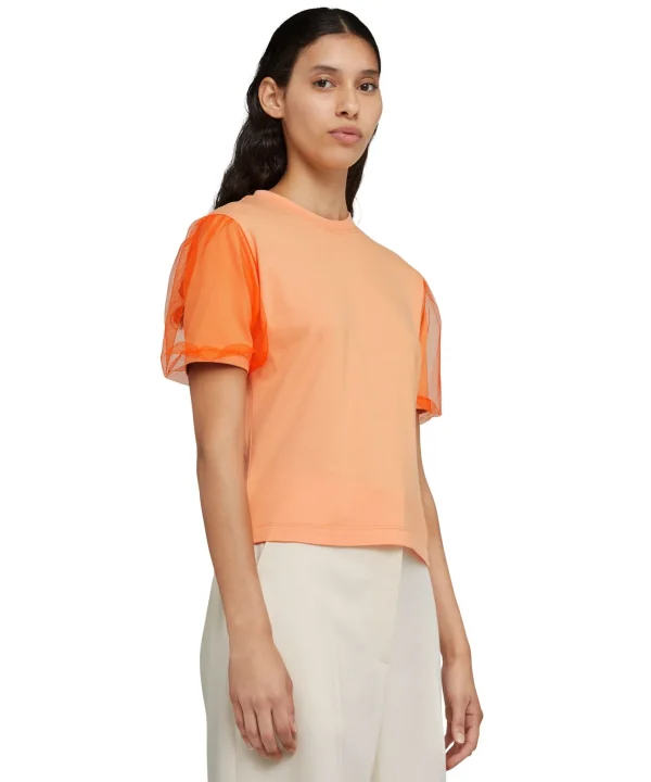 MSGM T-Shirt Girocollo In Tinta Unita In Cotone Con Maniche In Tulle Orange Outlet