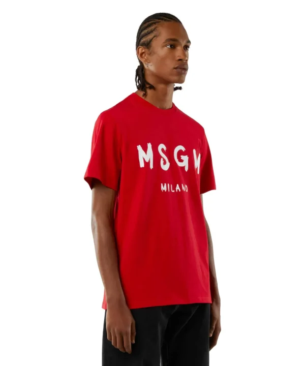 MSGM T-Shirt In Cotone Con Logo Pennellato Red Outlet