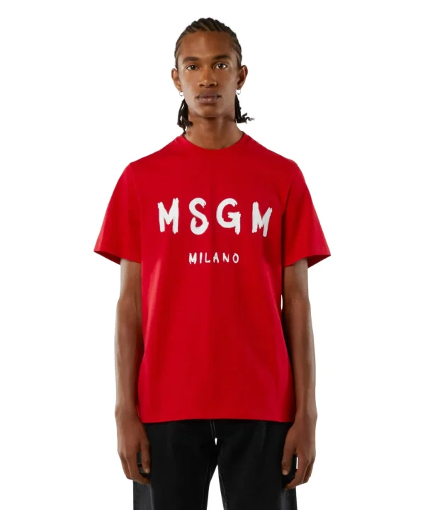 MSGM T-Shirt In Cotone Con Logo Pennellato Red Outlet