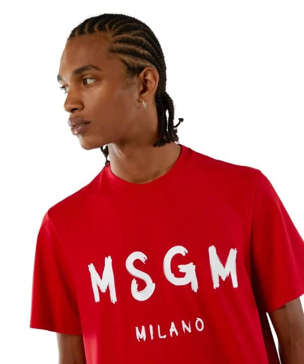 MSGM T-Shirt In Cotone Con Logo Pennellato Red Outlet